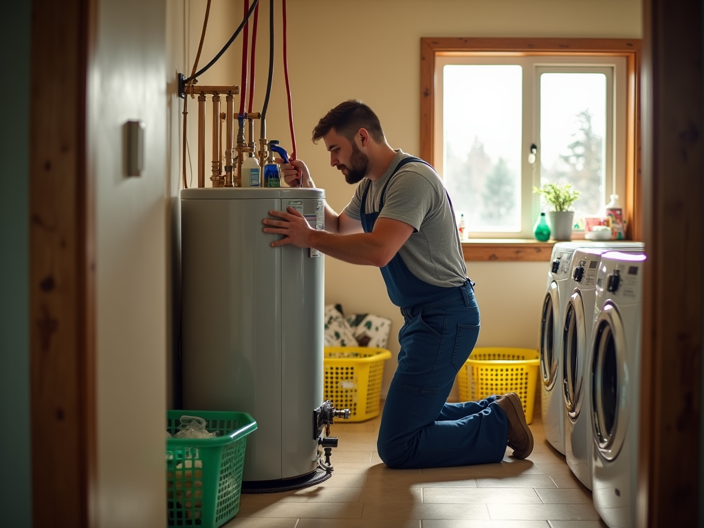 Man in overalls kneeling and working on a large water heater in a laundry room.