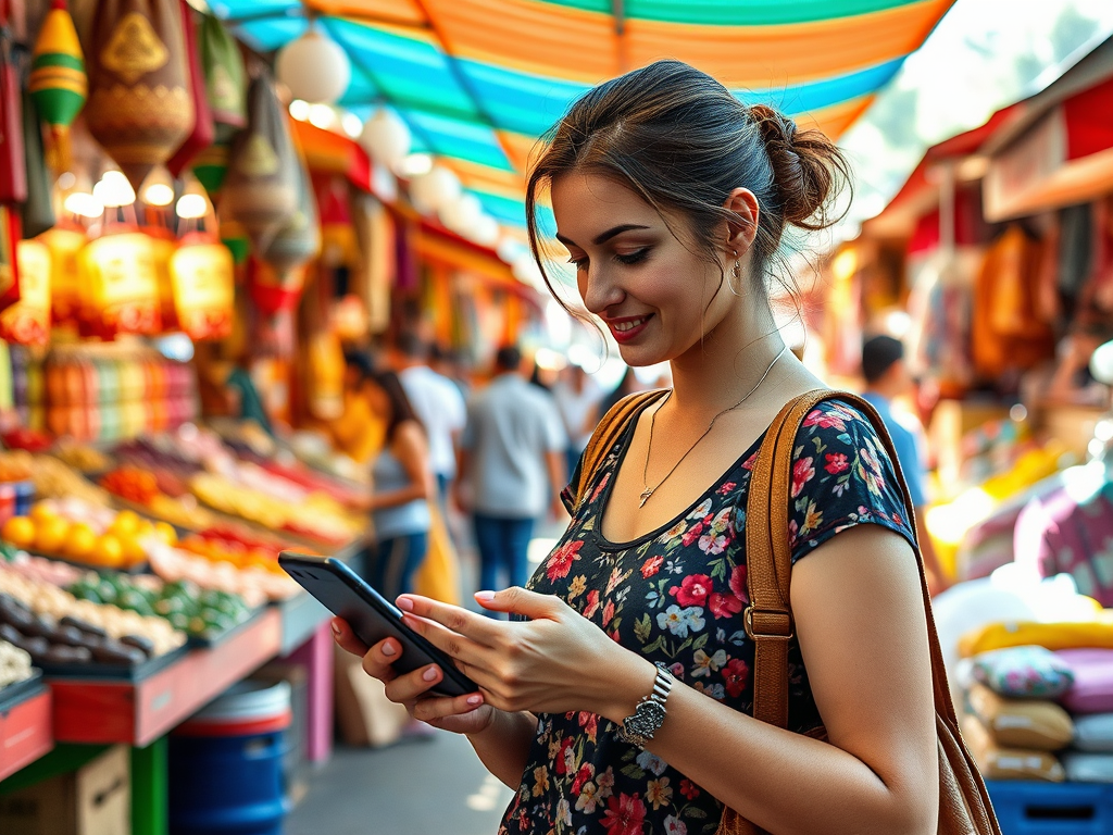 A young woman smiles while texting on her phone in a vibrant market filled with colorful goods and people.