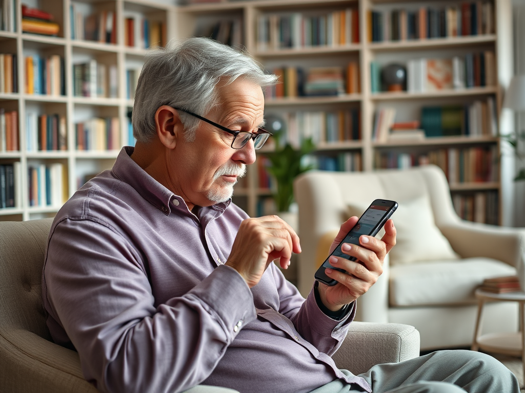 An elderly man with glasses sits in a chair, focused on his smartphone in a cozy room filled with books.