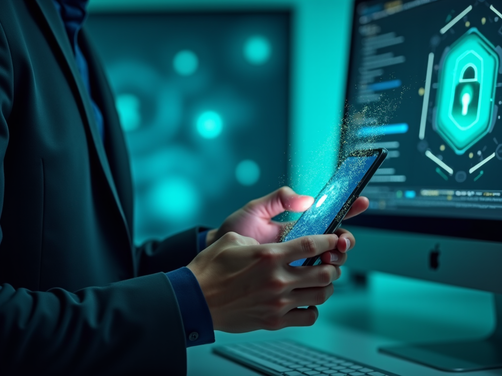 Person using a smartphone with digital data and security graphics emanating from the screen in a dark office.