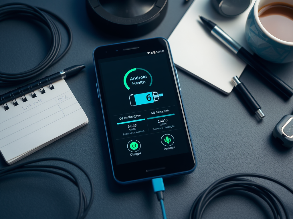A smartphone displaying the Android Health app, with a battery percentage and various diagnostics, surrounded by office supplies.