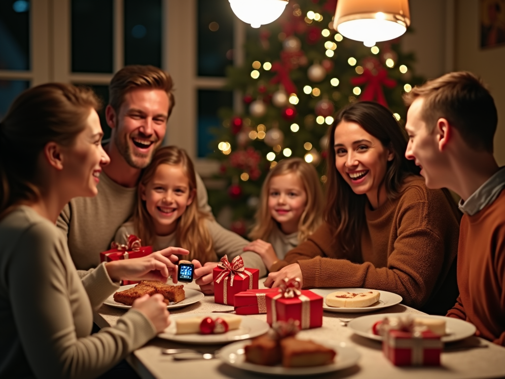 Family enjoying Christmas dinner and gifts near a decorated tree.