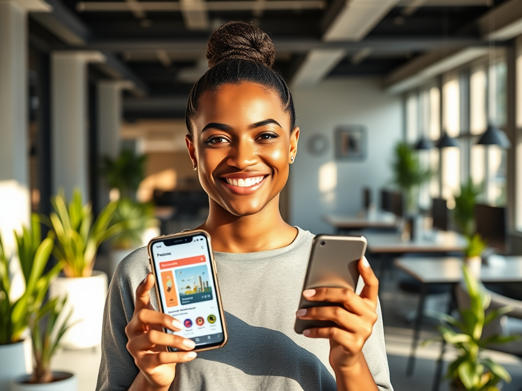 A smiling woman holds two smartphones, showcasing an app, in a bright, modern office space filled with plants.