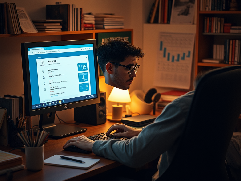 A person working on a computer at a desk, with a screen displaying a web application and warm lighting around them.