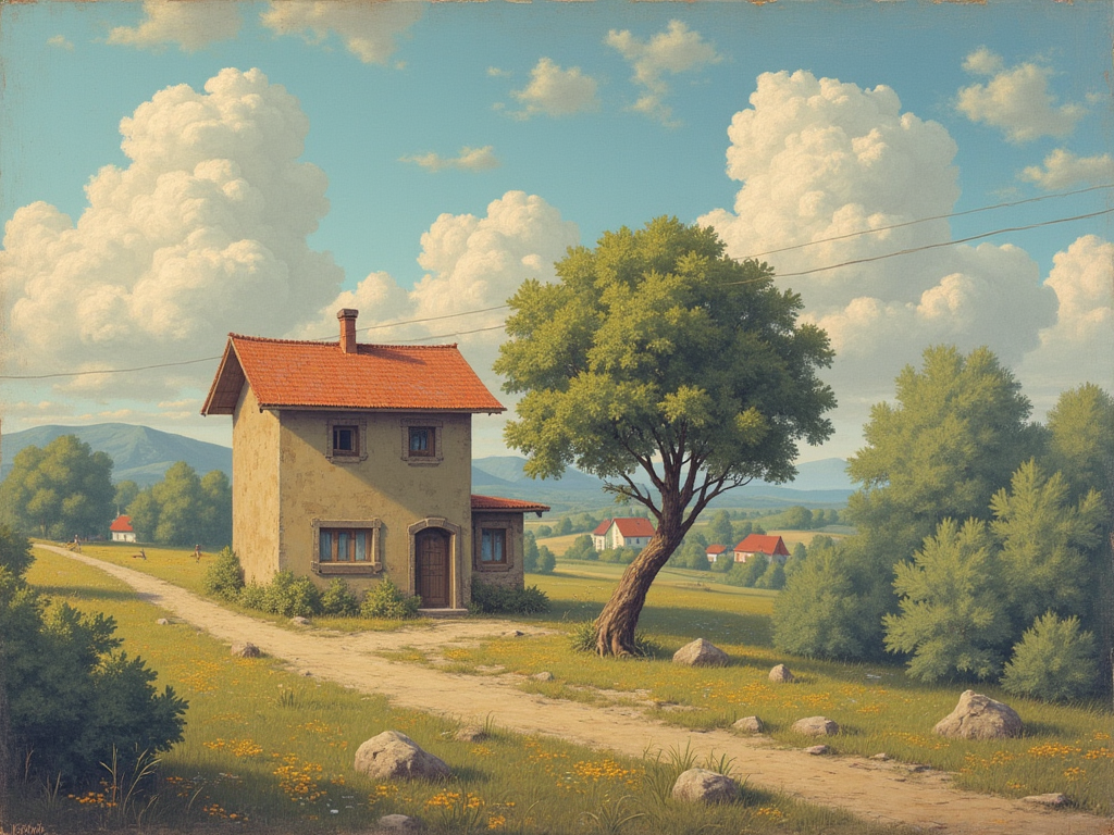 Idyllic landscape with a two-story, rustic house near a tree-lined path, surrounded by lush fields and fluffy clouds.