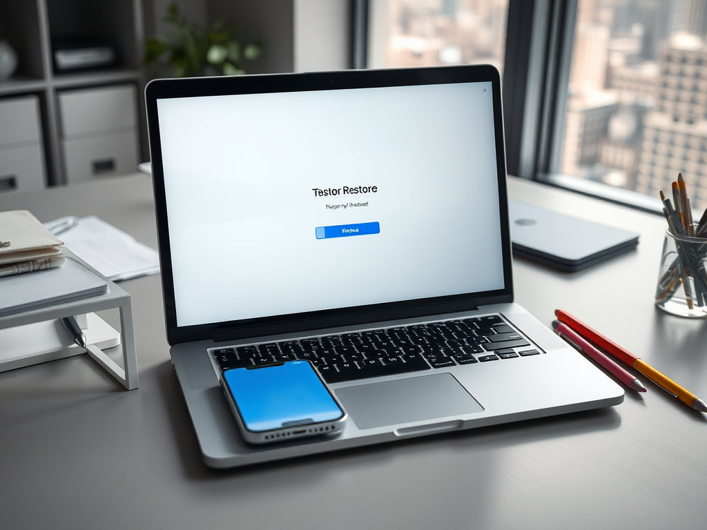 A laptop displaying "Testior Restore" with a blue button. A smartphone and stationery are on the desk.