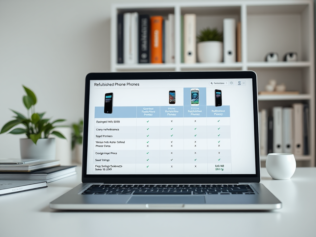 A laptop displays a table comparing refurbished phone features and specifications. Green checkmarks indicate included features.