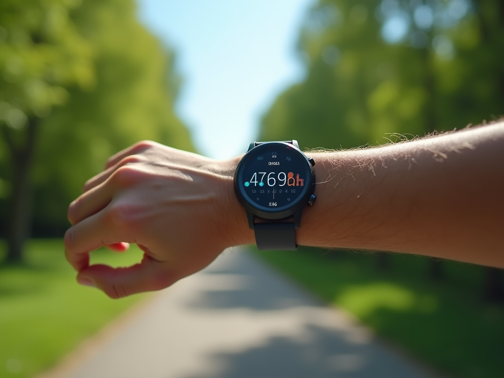 Smartwatch displaying steps on a person's wrist outdoors with a park background.