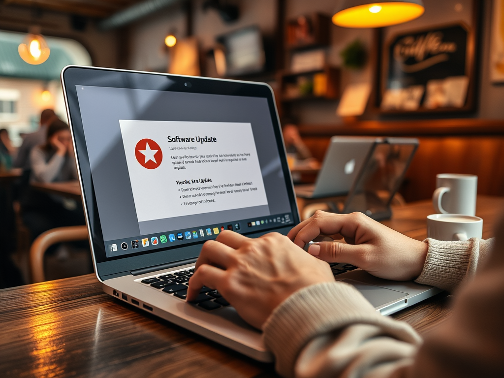 A person typing on a laptop displaying a software update notification in a café setting.