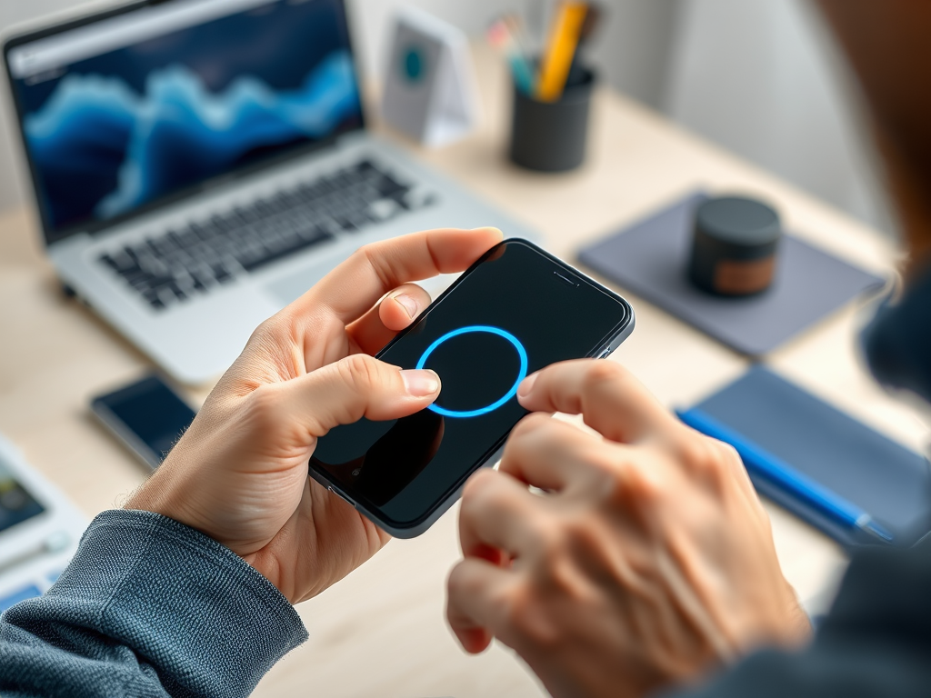 A person holding a smartphone displaying a blue circular interface, with a laptop and desk items in the background.