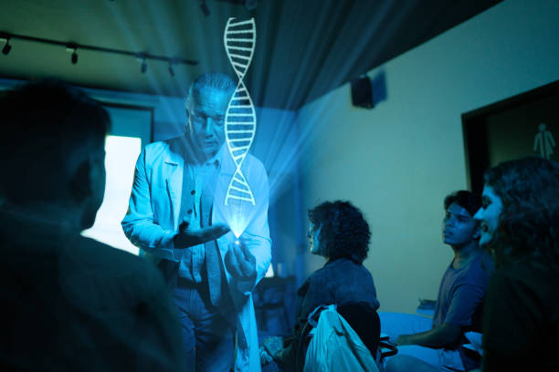 Scientist demonstrates holographic DNA display to an engaged audience, illustrating future of holographic technology.