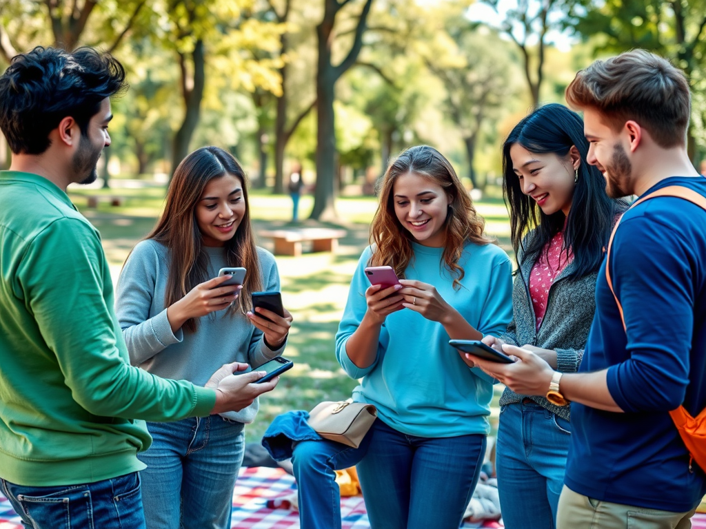 A group of five friends gather in a park, engaged with their smartphones and enjoying each other's company.