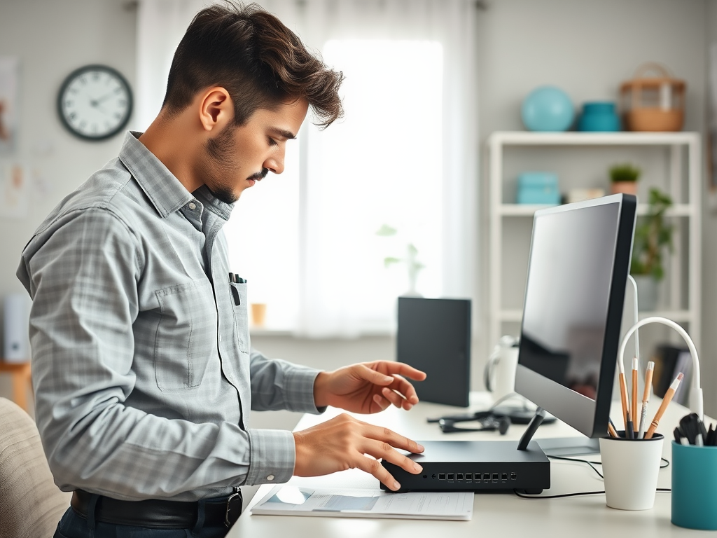 A man in a gray shirt adjusts a computer on his desk in a well-lit office space.