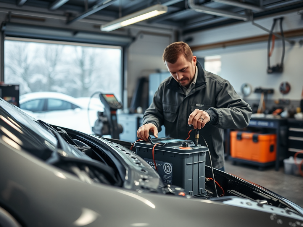 A mechanic works on a car battery inside a garage, focused on connecting cables and checking connections.