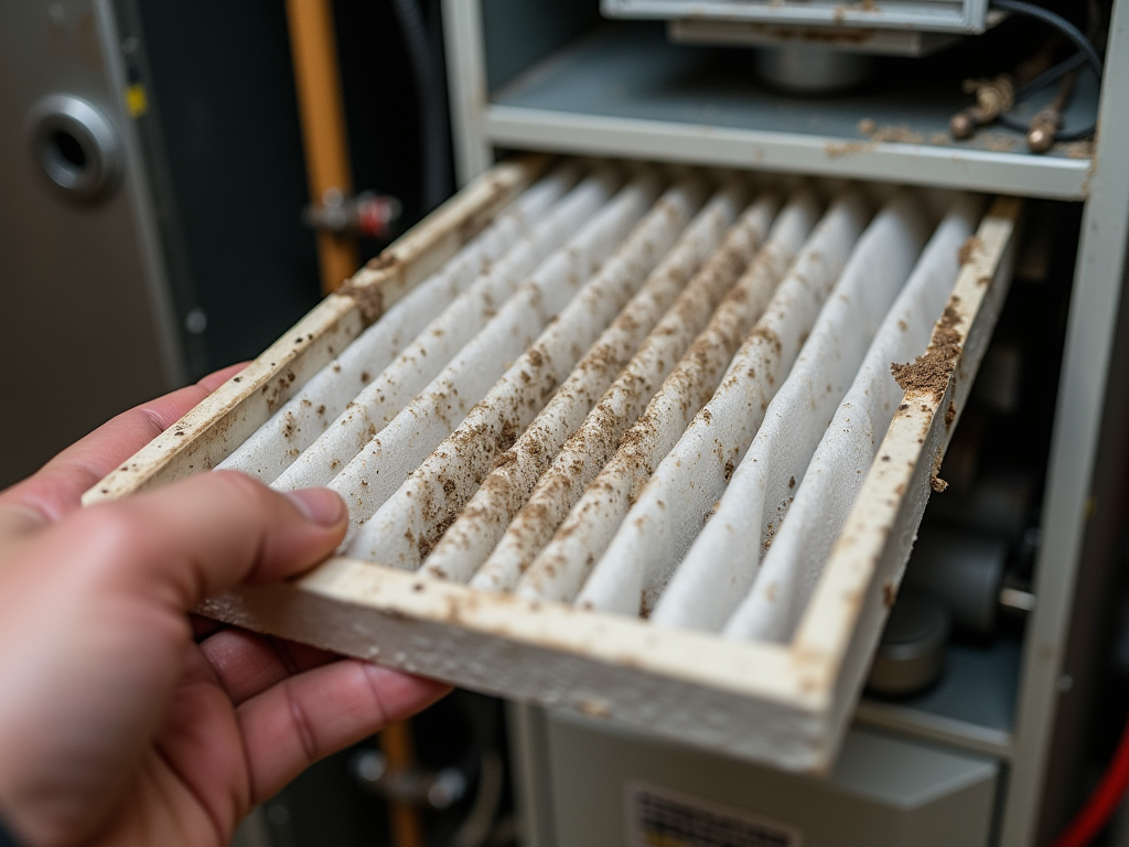 Person holding a dirty air filter in front of an HVAC unit, indicating it needs cleaning or replacement.