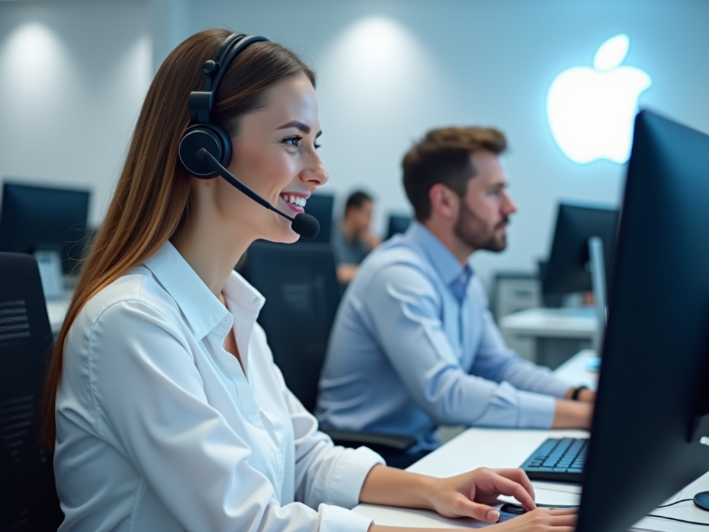 Smiling woman with headset and man working on computers in modern office.