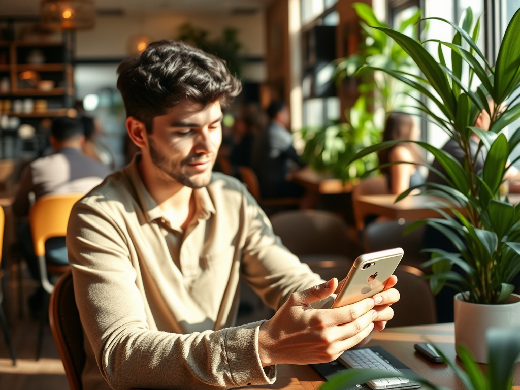 A young man sits in a cafe, focused on his phone, with plants in the background and sunlight streaming in through windows.