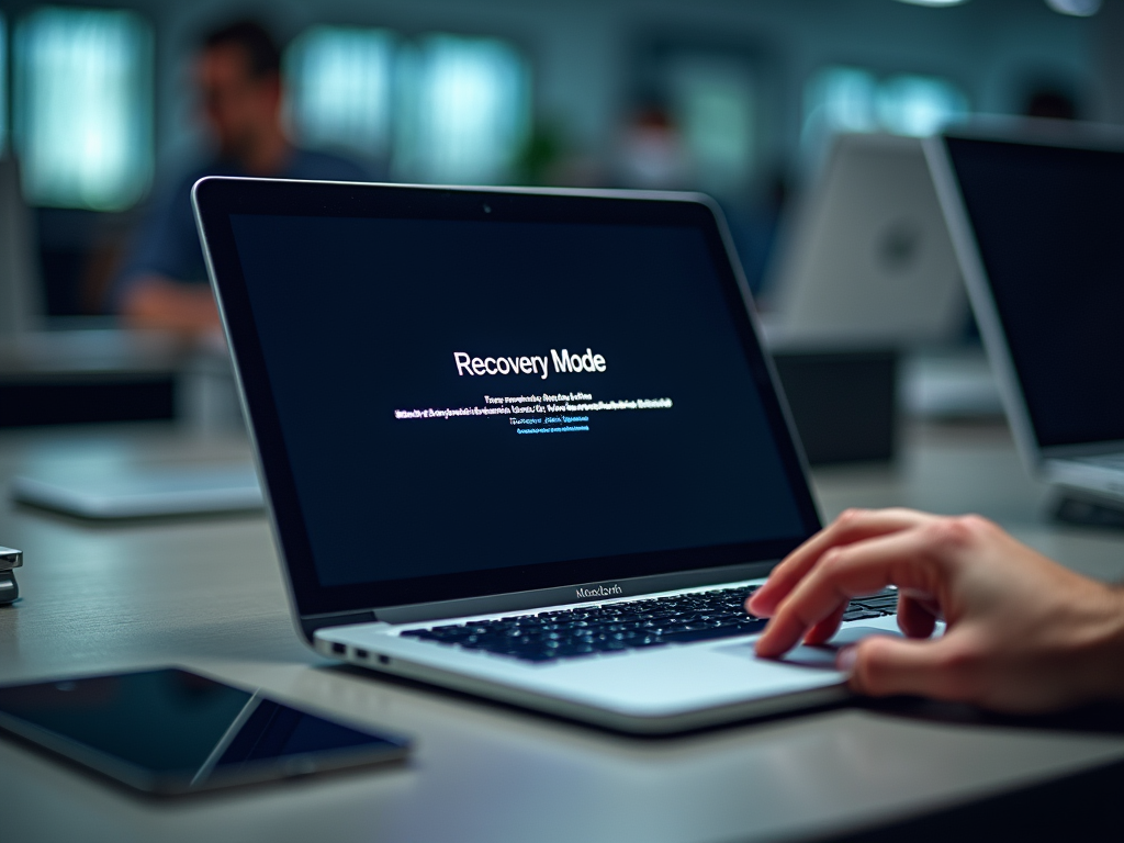Laptop screen displaying "Recovery Mode" with blurred office background.