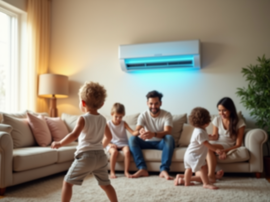 Family enjoying time together in a cozy living room while kids play.