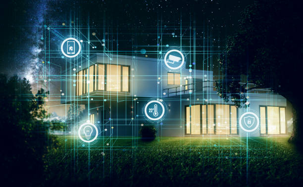 A modern home at night with digital icons representing smart security features overlaying the image.