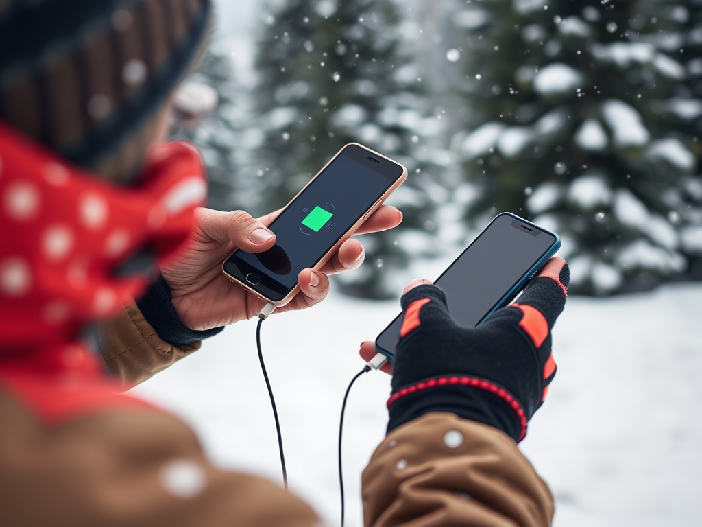 A person in winter gear holds two smartphones, one displaying a charging icon, amidst falling snow.