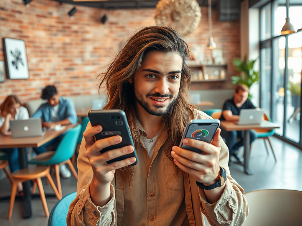 A young man with long hair holds two smartphones and smiles, sitting in a coffee shop with others working in the background.