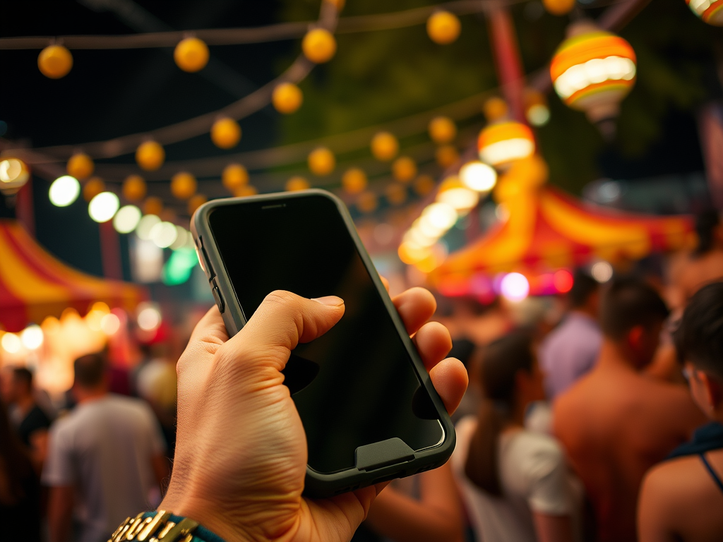 A hand holds a smartphone against a festive background with colorful lights and people celebrating.