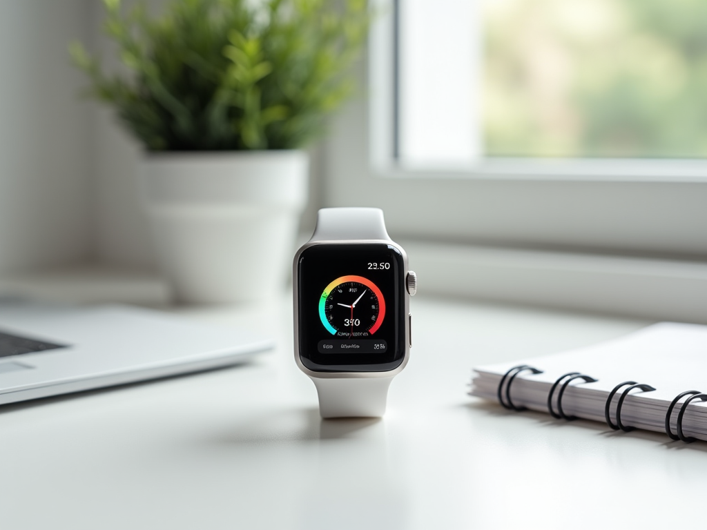 Smartwatch on desk displaying fitness data, with a notebook and plant in the background.