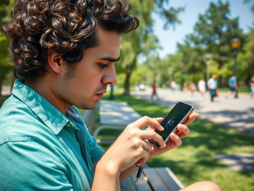 A young man with curly hair sits on a bench, focused on his phone with a cracked screen in a park setting.