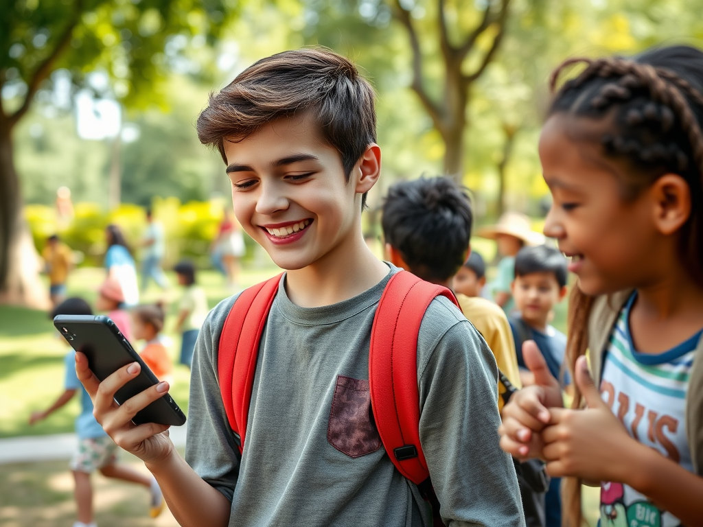 A boy with a backpack smiles at his phone, while a girl next to him laughs in a lively park setting.