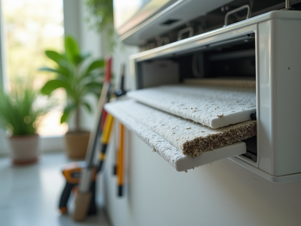 A modern open kitchen drawer stuffed with cleaning sponges, tools in the background.