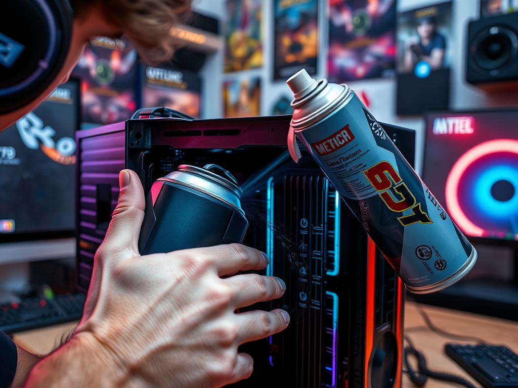 A person uses a can of compressed air to clean a computer case, with colorful LED lights in the background.