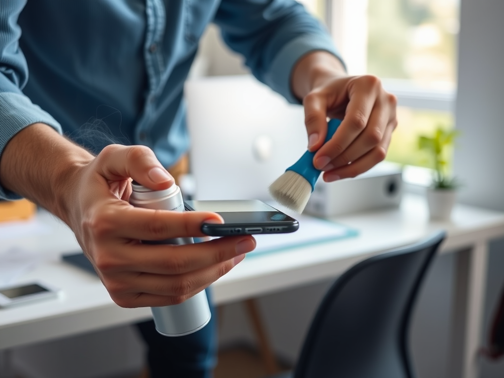 A person cleans a smartphone screen using a brush while holding a can of cleaning spray, in a bright office setting.