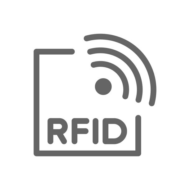 RFID logo with signal waves symbolizing radio frequency identification in modern technology applications.