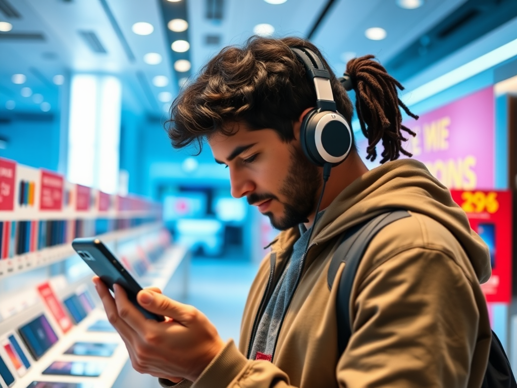 A young man with headphones browses a smartphone in a tech store, surrounded by displayed devices.