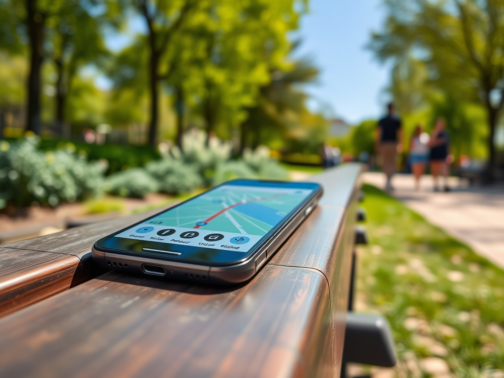 A smartphone displaying a map app rests on a wooden railing, surrounded by trees and people in a park.