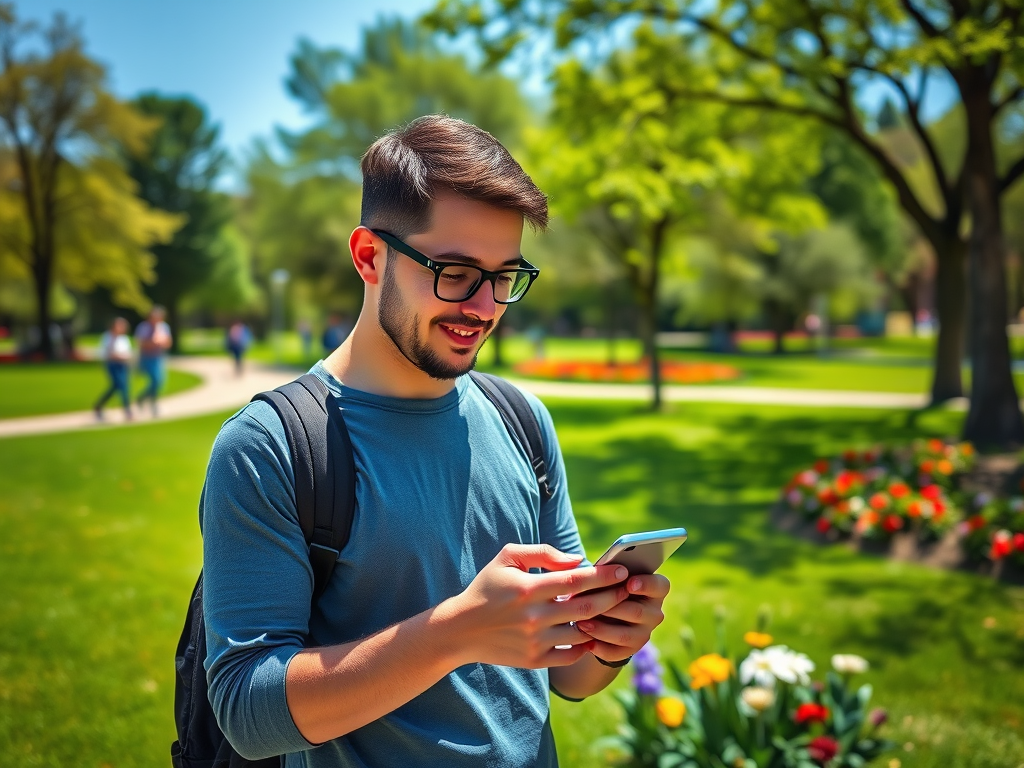 A young man in a blue shirt and glasses smiles while texting on his phone in a vibrant park filled with flowers.