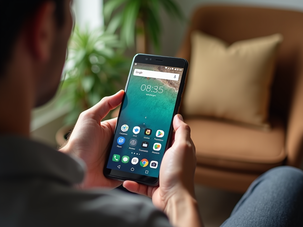 Man sitting, checking time and apps on a smartphone with a colorful home screen.