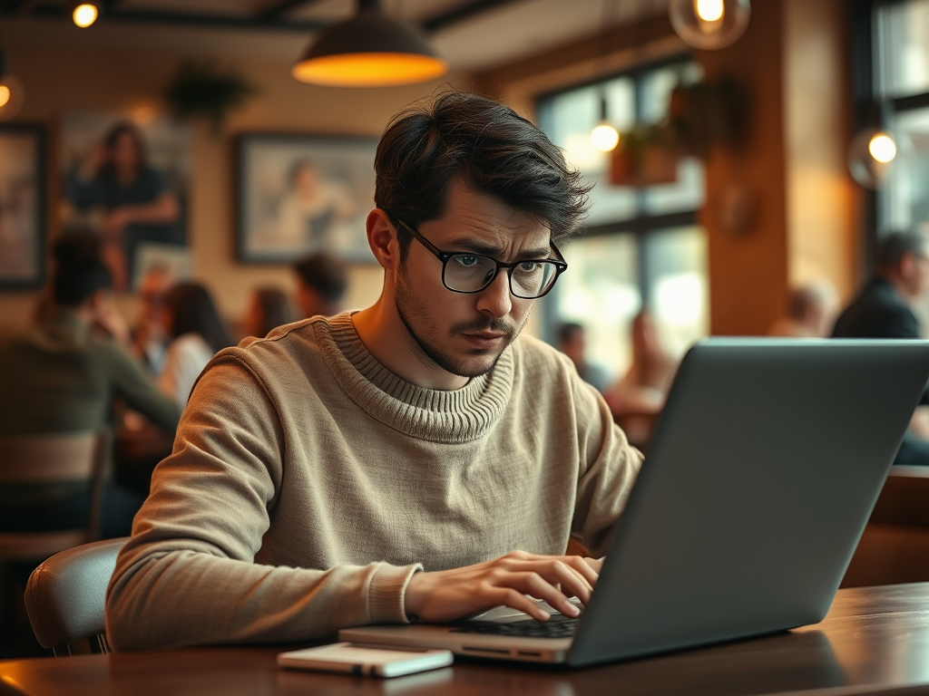 A focused young man with glasses works on a laptop in a busy cafe, surrounded by other patrons.