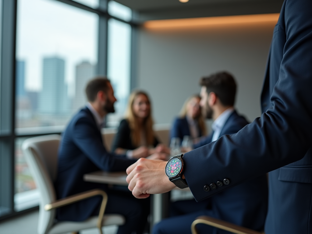 A close-up of a smartwatch on a man's wrist during a business meeting with colleagues in the background.