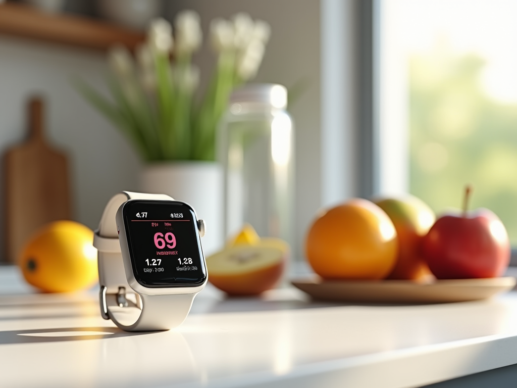 Smartwatch on a table displaying health stats, with fruits and plants in the background.