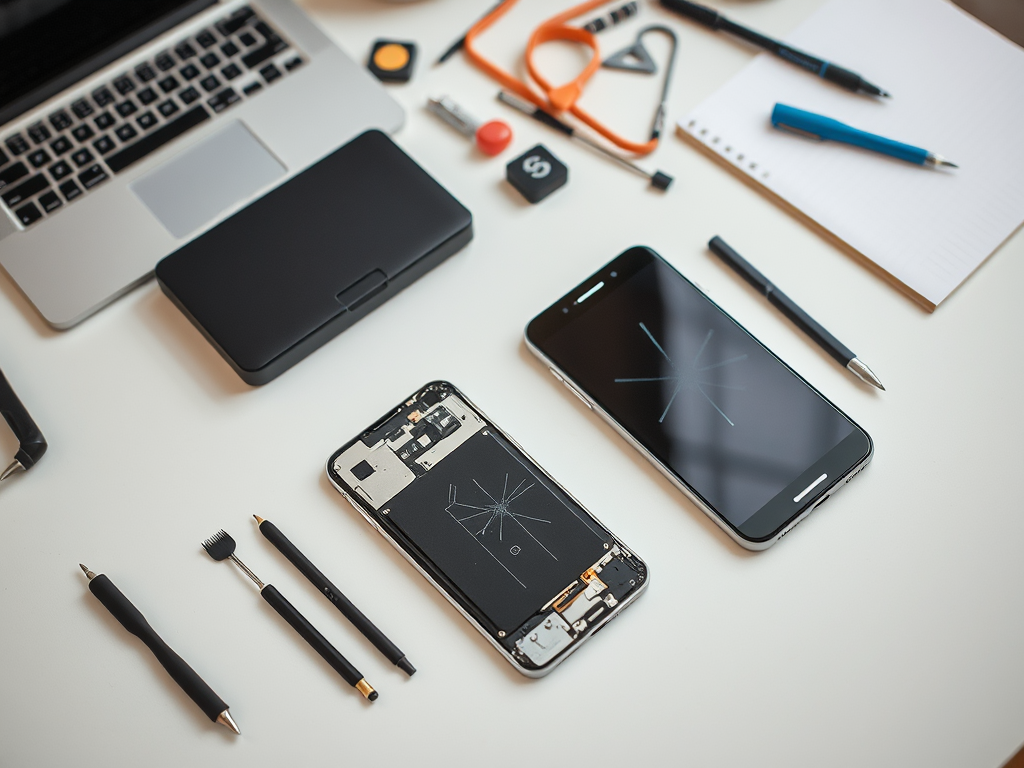 A disassembled smartphone next to an intact phone, surrounded by office supplies and a laptop.