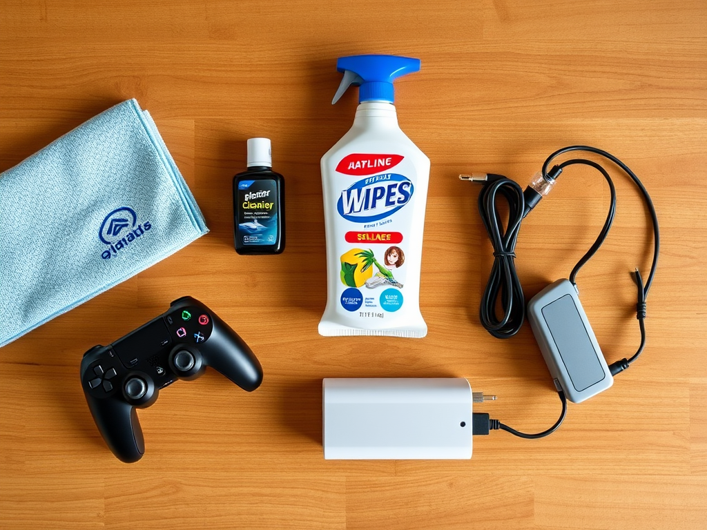 A gaming setup with a controller, cleaning wipes, cleaner, a microfiber cloth, and charging cables on a wood surface.