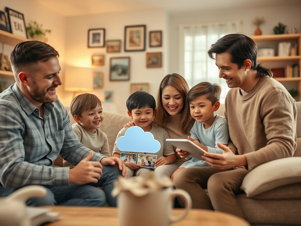 A happy family sits together, enjoying time with children, sharing smiles while interacting with a tablet.