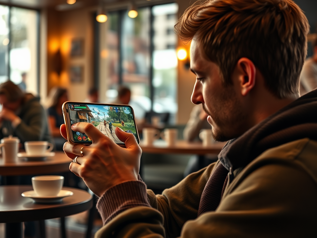 A man plays a mobile game in a café, focused on his screen while others chat in the background.