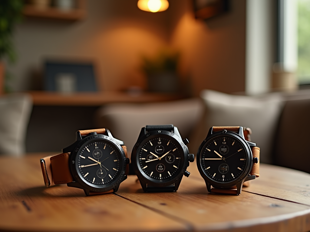 Three elegant watches with leather straps on a wooden table in a cozy room.