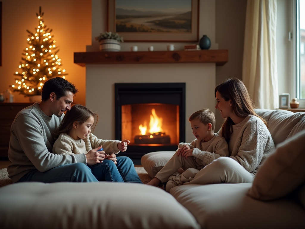 Family enjoying time together by the fireplace with a Christmas tree in the background.