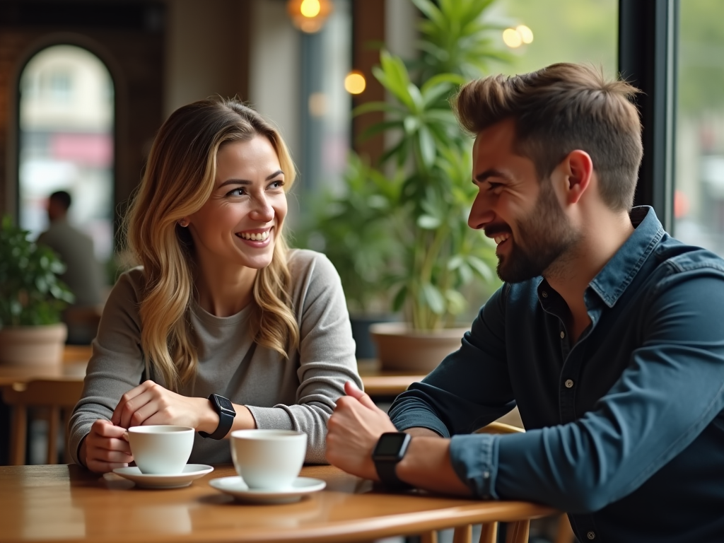 A joyful woman and man chatting over coffee in a cozy cafe setting.