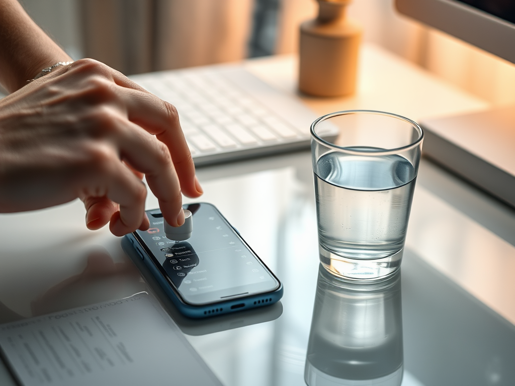 A hand adjusts a smartphone next to a glass of water, with a blurred keyboard and lamp in the background.