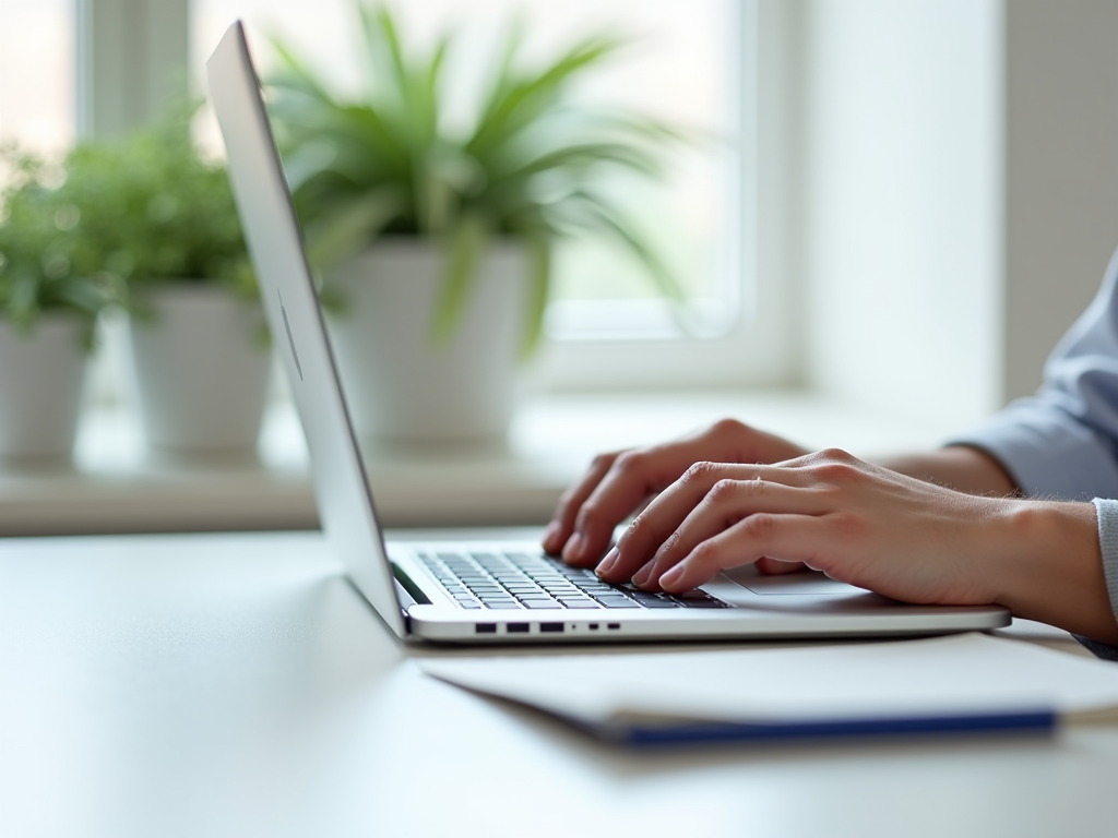 Close-up of hands typing on a laptop keyboard at a bright window-side desk.